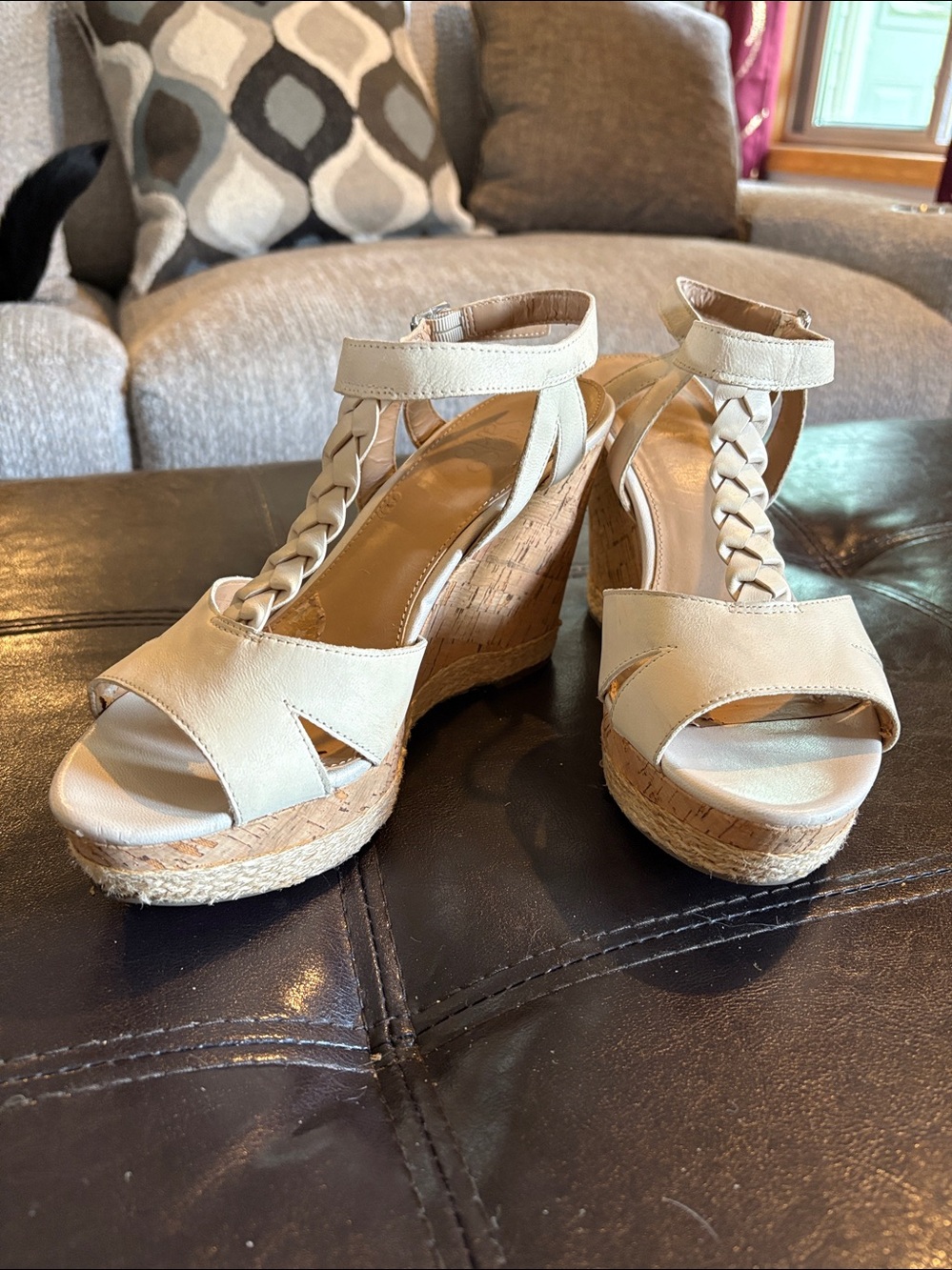 Franco Sarto Beige Cork Wedge Sandals with Braided T-Strap